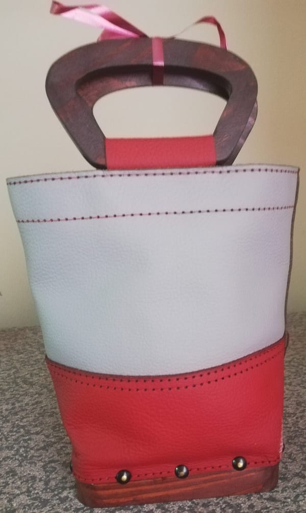 Red and grey handbag