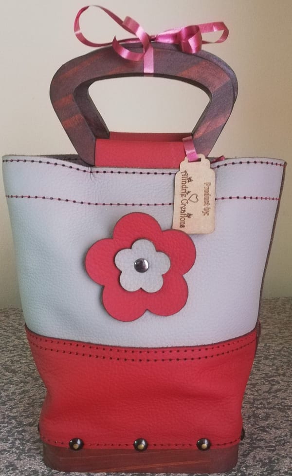 Red and grey handbag